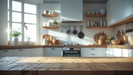 Empty wooden table with a bright white kitchen interior as a blurred background featuring bokeh effects.