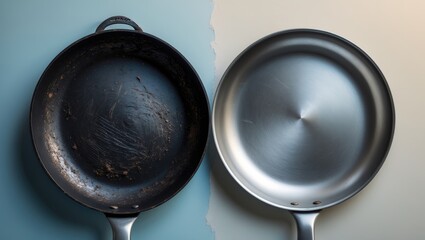 Dirty oily and clean stainless frying pans placed on a background table. Close-up shot. Pastel hue. Eliminating burn grease stains. Comparison of two items. Overhead view.