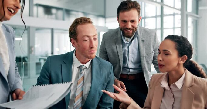 Business people, happy team and discussion of ideas on laptop, training or document for accounting. Meeting, talking and planning on computer for brainstorming, audit and financial manager in office
