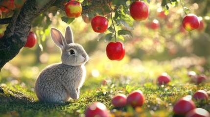 Rabbit Sitting Under an Apple Tree in an Orchard on Grass