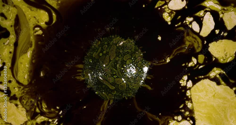 Poster close-up shot of alchohol inks interacting, taken in a controlled scientific setting with a rich yel