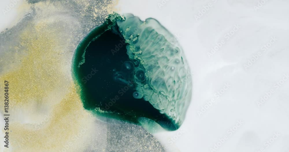Poster single teal pigment drop disperses on a white golden light surface, forming a soft-edged abstract ci