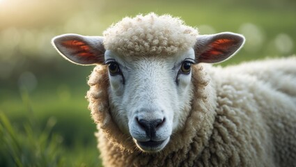 Face of a lamb gazing at you with vibrant green background