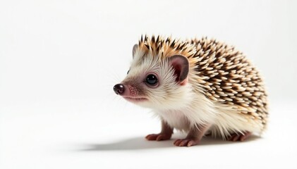 A single hedgehog sits centered on stark white, exhibiting fine details , pure white, dark, brown