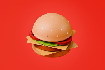 3d Hamburger icon. American street fast food. Floating burger. Burger with beef and vegetables. Minimal Cartoon Delicious Burger meal creative design icon isolated on red tasty background. 3d render.
