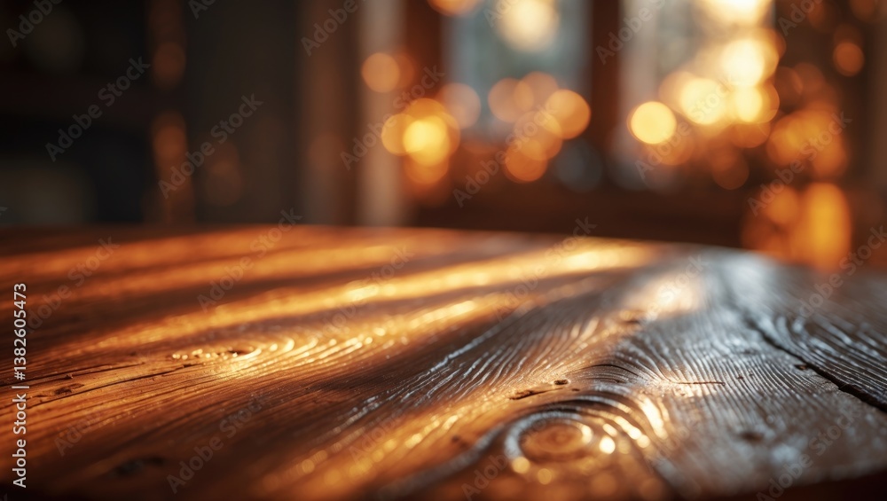 Poster empty table to display your product, set against a backdrop of blurred bokeh