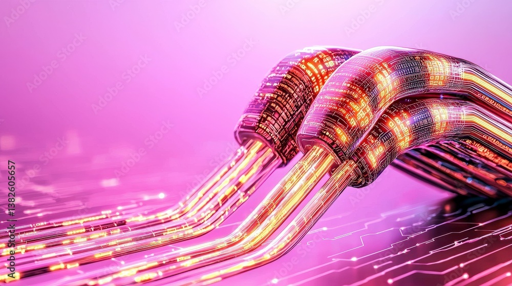 Poster futuristic tech conduit: close-up of metallic wires and cables weaving through a cutting-edge circui