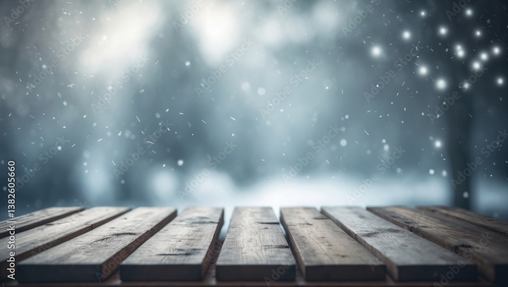 Poster empty wood table top viewed against a blurred window showcasing a pine tree in the snowfall of the m