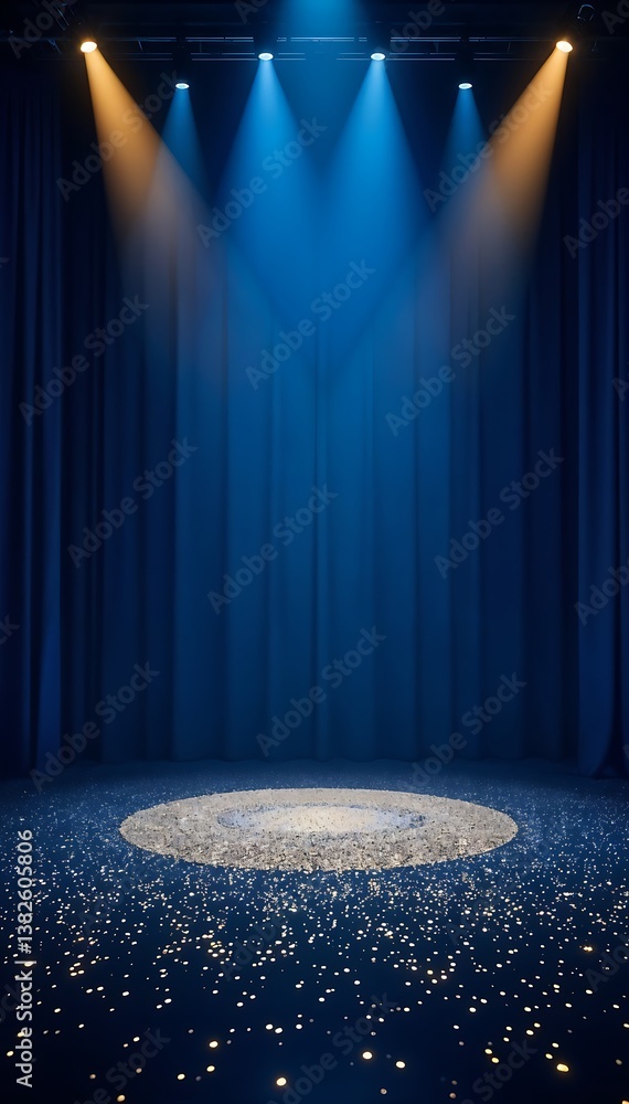 Poster generative ai stage with blue curtains and spotlights illuminating a circular center