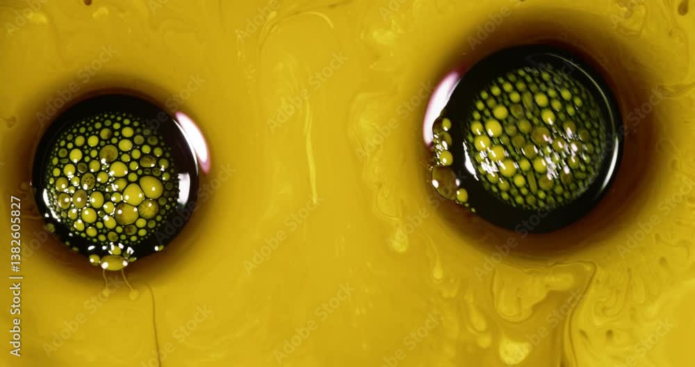 Poster chemical reaction capturing alcohol ink drops flowing through a vibrant yellow liquid, creating a cl