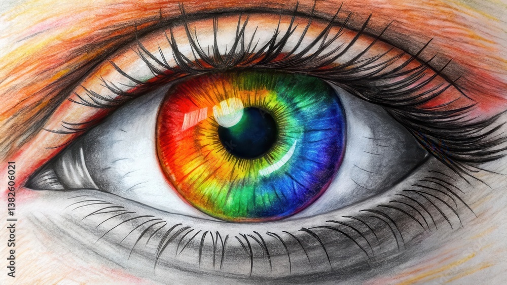 Poster close-up of an eye with the iris reflecting colors like red, orange, and blue. the reflection is sha