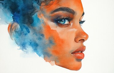 Fototapeta premium watercolor portrait of african american woman with curly afro hair and blue orange tones in minimalist abstract style