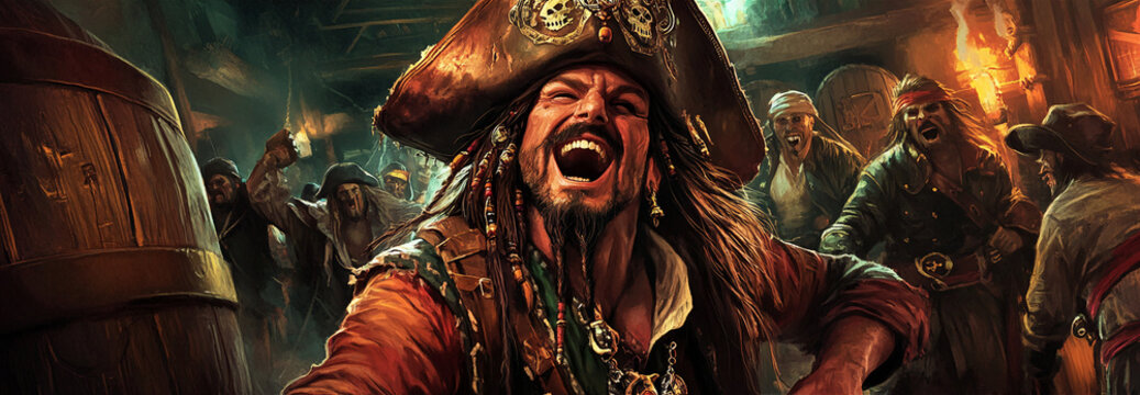 Captivating portrayal of a jubilant pirate captain amidst a rowdy crew gathering scene