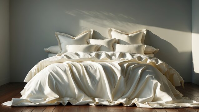Empty mockup of bedding items. Front view of bed linen. White bed with clipping path. Pillows, duvet, and bed sheet against the wall in an empty room.