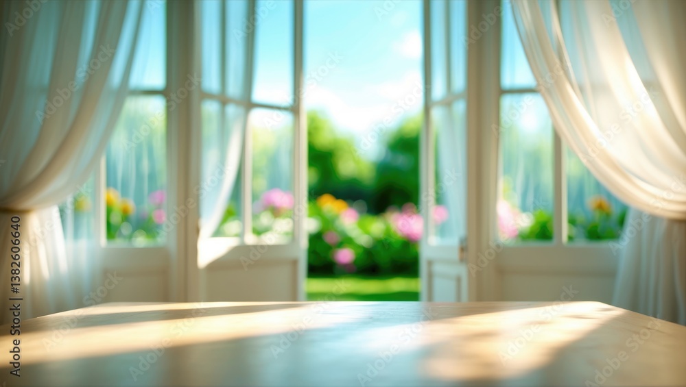 Poster selective focus. vacant wooden tabletop in front of blurred curtain window and abstract greenery fro