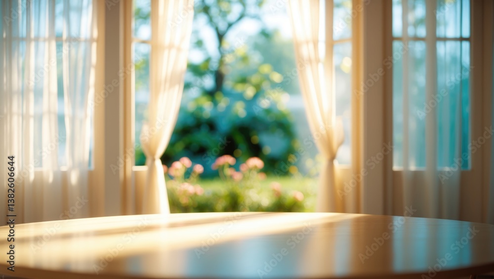 Poster empty wood table top in selective focus against a blurred curtain window and an abstract green garde