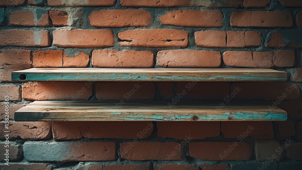 Poster empty wooden shelf against an old brick wall texture. designed for displaying or showcasing your pro