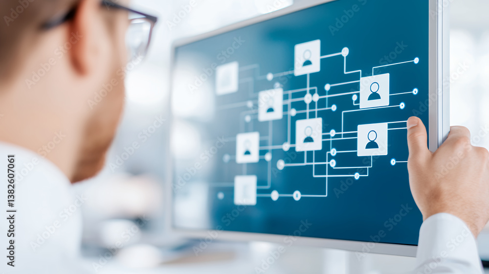 Poster image depicts person analyzing digital network diagram computer screen, showcasing connections betwe