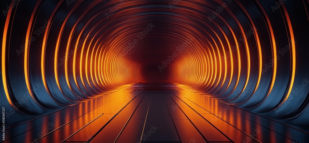 Poster futuristic abstract design with metallic curved lines and glowing amber lighting in cyberpunk style