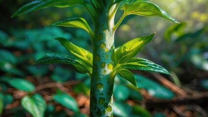 Fototapeta premium Elephant foot yam plants thrive in garden bushes.