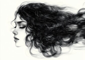 Fototapeta premium Monochromatic Abstract Artwork Black Hair Flowing Smooth Gradient Background Minimalist Fashion Illustration