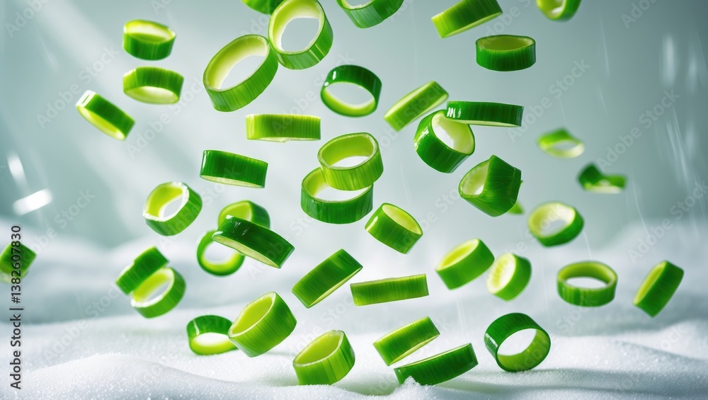 Poster falling chopped green onion isolated against a backdrop, featuring full depth of field and a clippin