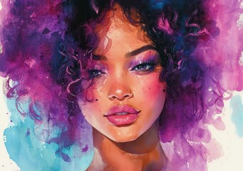 Vibrant African American Woman with Curly Hair Watercolor Painting Abstract Background