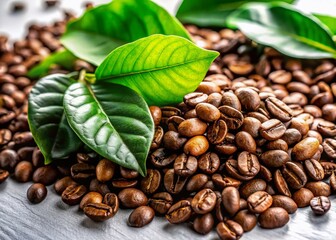 Fototapeta premium Coffee Beans & Green Leaves: Fashion Photography Still Life