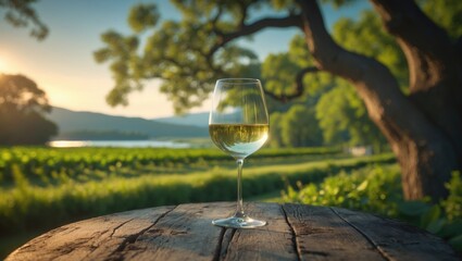 Obraz premium Glass of white wine placed on a wooden rail with a rural scene in the background. Green leaves and a calm summer sunny day. Space for text. Alcoholic beverages in the backyard. Delicious and flavor...