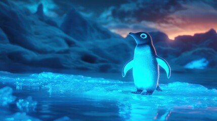 Luminescent penguin ventures across frozen expanse in a cold ethereal landscape