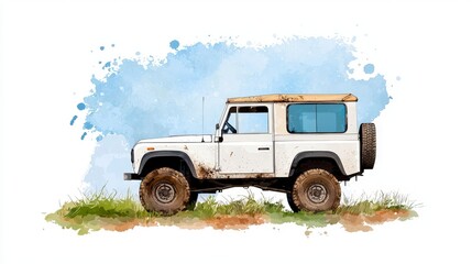 Vintage Four-Wheel Drive Vehicle in a Natural Setting with Watercolor Background and Grass Accents