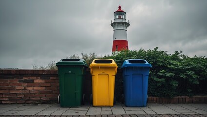 Three trash cans are positioned on a sidewalk, with one being green and the other two in blue and yellow. They are situated next to a brick wall.