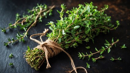 Food backdrop of herb thyme on kitchen table viewed from above