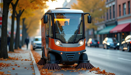 Obraz premium Urban street cleaning vehicle on autumn day with copy space for environmental awareness campaign design