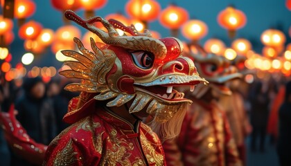 Fototapeta premium Traditional dragon head costume performer at cultural festival with vibrant lanterns and copy space