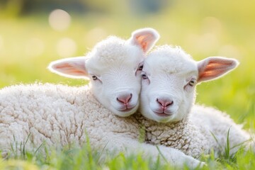 Obraz premium Two cute lambs nestled together in a sunny meadow during springtime