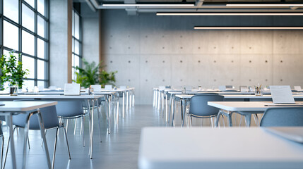 Modern office space with tables and chairs, bright lighting, and plants creating productive atmosphere
