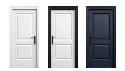 3 different doors: a white door, a grey door, and a dark blue door, all set against a transparent background png