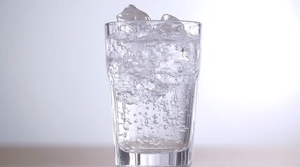 A clear glass of sparkling water with ice cubes