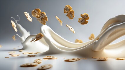 Falling oat flakes with splash isolated on a backdrop.