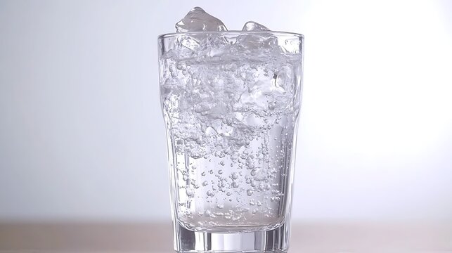 A clear glass of sparkling water with ice cubes