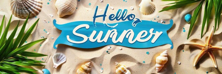 Tropical palm leaves, seashells and starfish with the inscription "Hello summer" on a sandy background create a vibrant summer theme.
