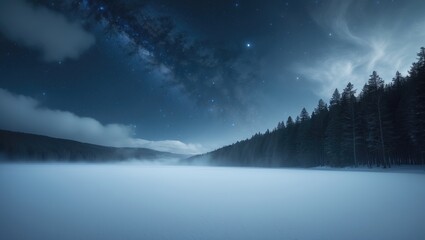 Fototapeta premium Forest on a snowy mountain ridge. The Milky Way visible in a starry night sky. Winter evening.