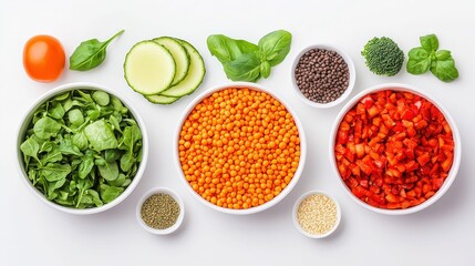 Fresh vegetables and legumes arranged in bowls, showcasing vibrant colors and healthy options
