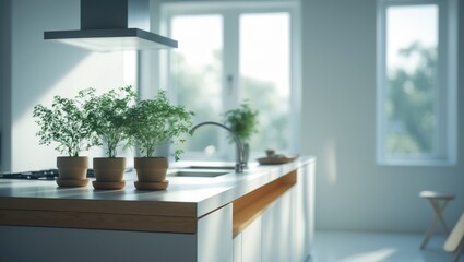 Beautiful empty wood table top counter with a blurred bokeh modern kitchen interior background in a bright and clean environment.