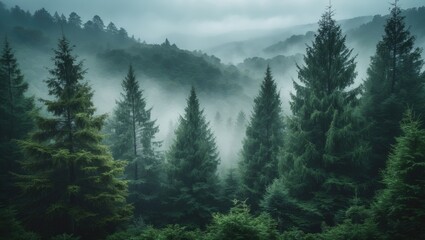 Lush green pine tree forest in the rain within mountainous wilderness.