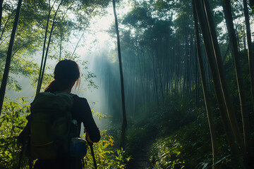 A woman hiking in the bamboo forest, with sunlight filtering through the tall trees creating an enchanting and misty atmosphere.