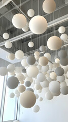 Suspended Neutral Tone Spheres Installation
