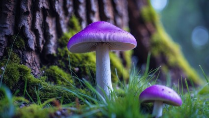 Purple Mushroom Set Against Mossy Background