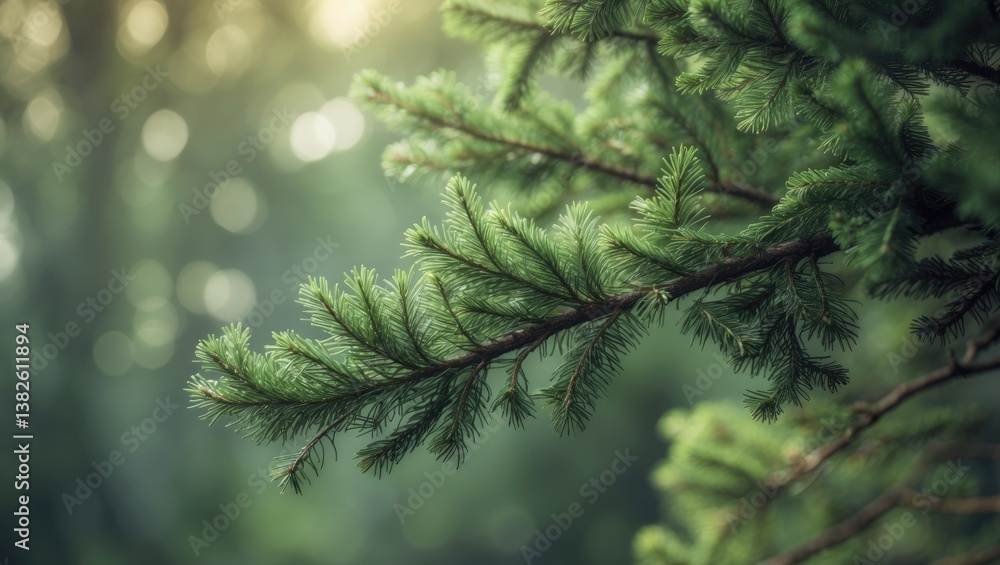 Poster fir tree branch detailed view. shallow depth of field. soft branch close up. wallpaper idea. space f